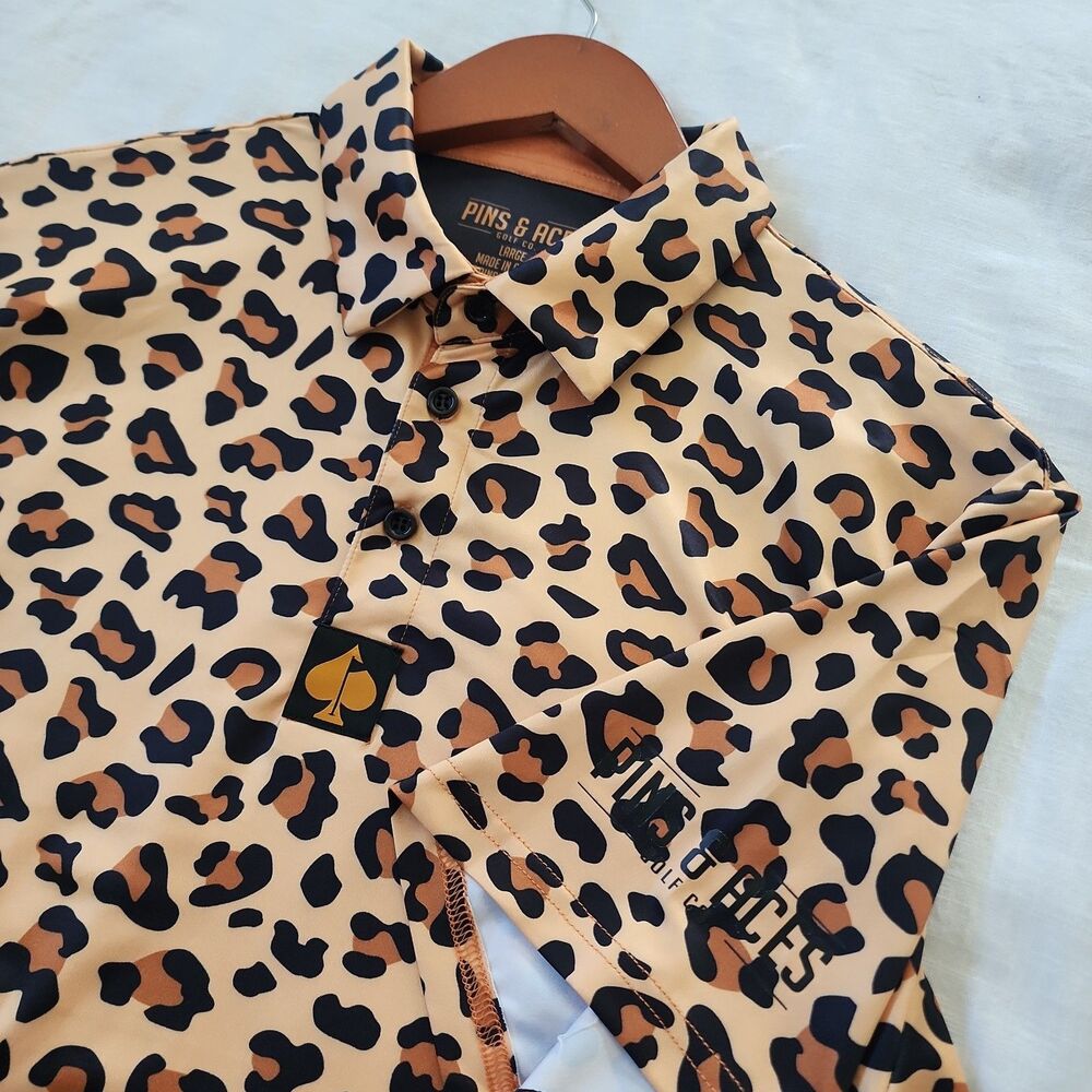Pins And Aces Polo Mens Size L Jungle Cat Short Sleeve Golf Shirt Animal Print